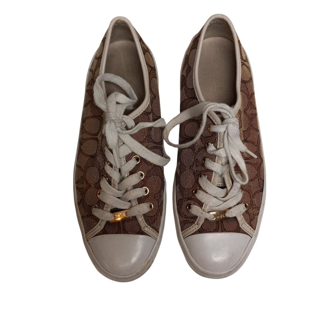 Coach Size 8 8B Sneakers Signature Canvas Lace Up Brown White Napa Leather - Picture 2 of 9